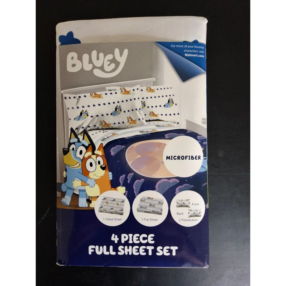 Bluey 4 Piece Full Sheet Set Microfiber Kids Bedding Blue White Bingo Heeler